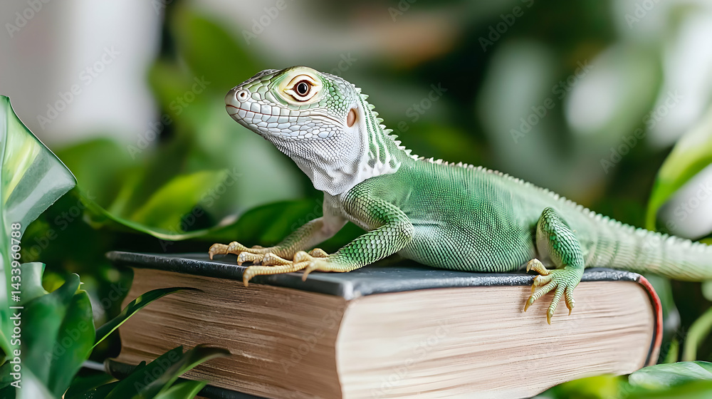 Fototapeta premium Green Lizard On Old Book With Plants