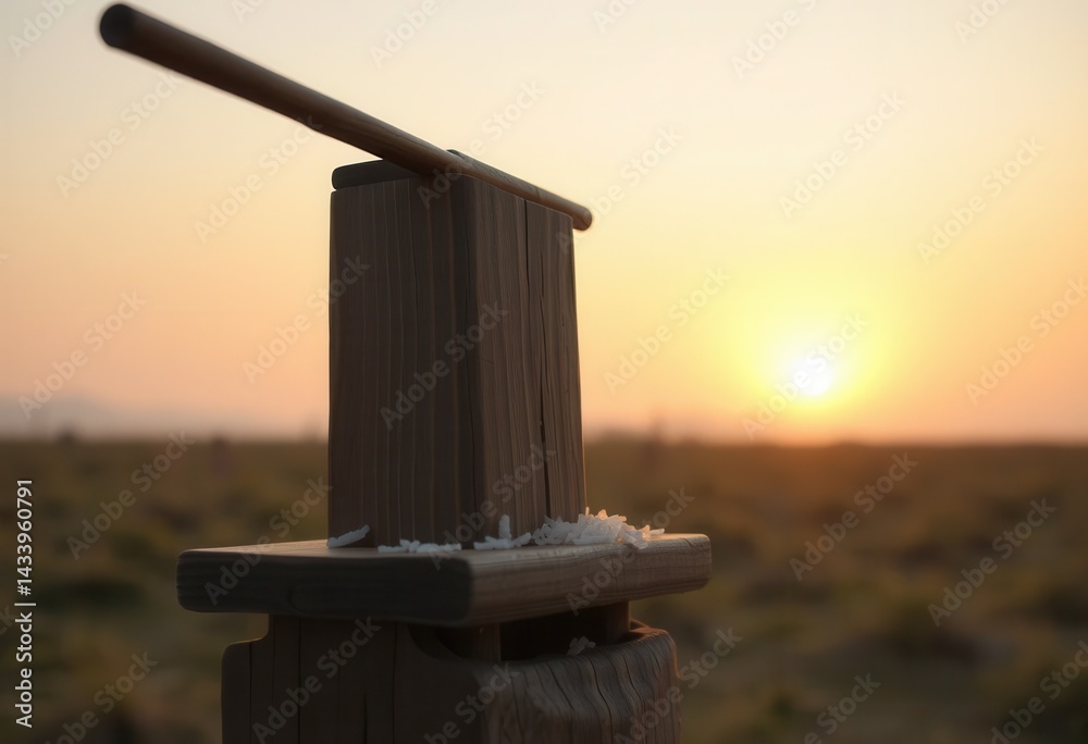 Fototapeta premium Rustic Wooden Rice Pounder at Sunset A Golden Hour Rural Scene