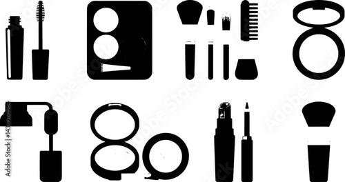 Minimalist silhouette set of makeup and cosmetics products isolated on white background