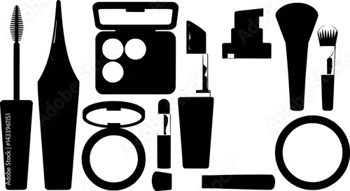 Black and white silhouette of makeup products cosmetic essentials for beauty