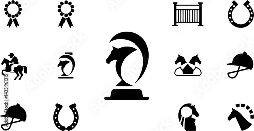 Equestrian sports icon set black and white illustration collection