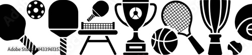 Sports equipment illustration featuring pickleball tennis lacrosse and basketball icon elements