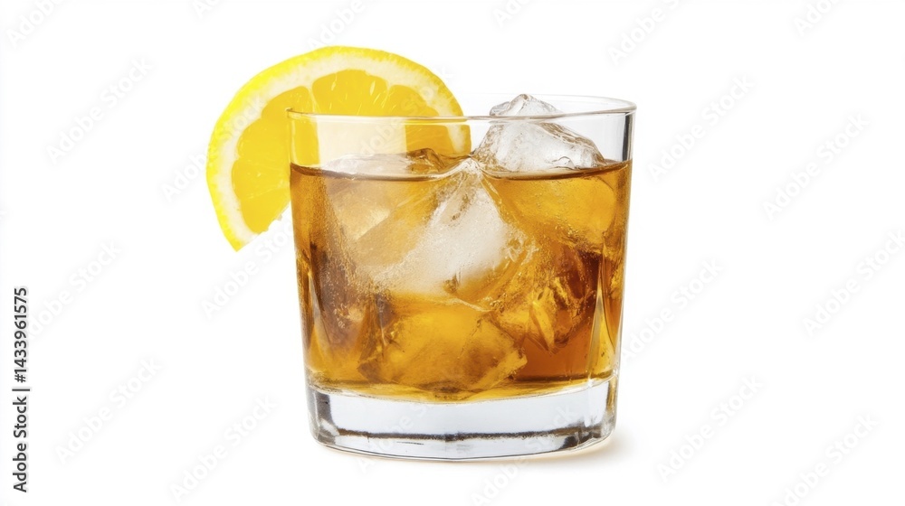 Rusty Nail cocktail isolated on white background with lemon slice and ice cubes. Generative AI