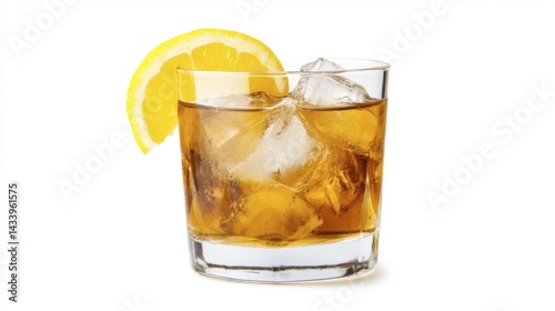 Obraz na płótnie Rusty Nail cocktail isolated on white background with lemon slice and ice cubes. Generative AI w salonie