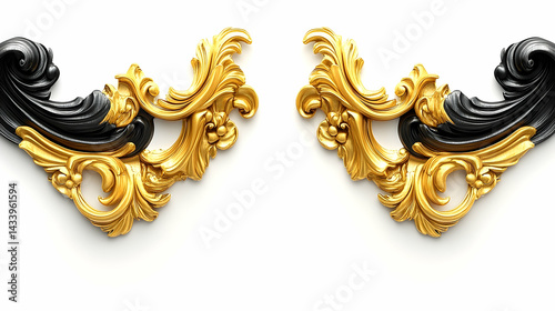 Symmetrical, decorative, golden and black corner embellishments against a plain background.