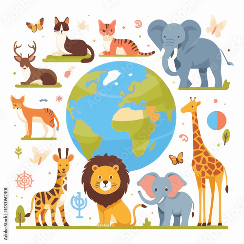 nature, wildlife, giraffe, animal, day, earth, planet, elephant, environment, conservation, illustration, eco, celebration, world, ecology, concept, design, life, natural, global, wild, cartoon, prote