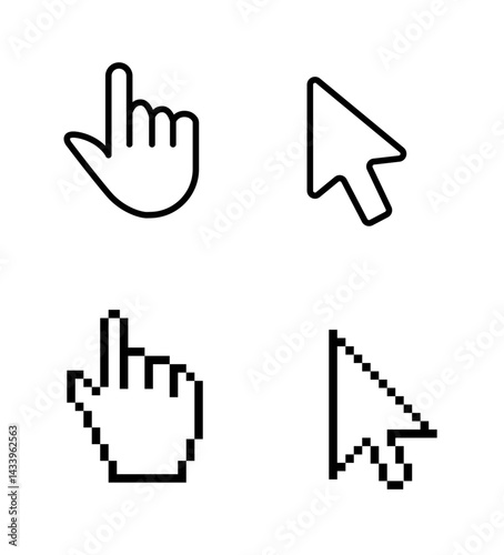 Click cursor icons set, click pointer arrow, computer mouse click cursor arrow icon collection. mouse cursor and hand pointer icon.