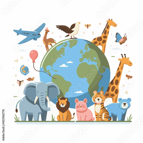 nature, wildlife, giraffe, animal, day, earth, planet, elephant, environment, conservation, illustration, eco, celebration, world, ecology, concept, design, life, natural, global, wild, cartoon, prote