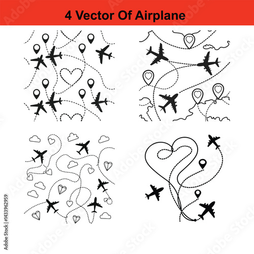 Airplane route to location pin. Plane travel concept with pins for maps, GPS points. Travel from start point and dotted line tracing.