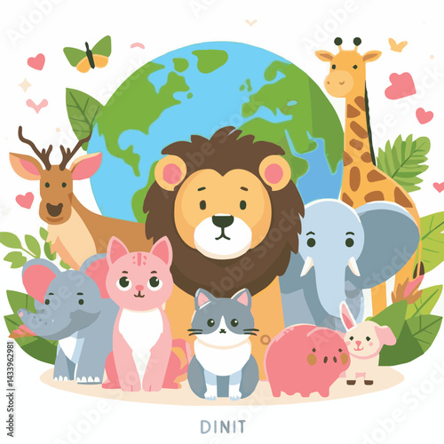 nature, wildlife, giraffe, animal, day, earth, planet, elephant, environment, conservation, illustration, eco, celebration, world, ecology, concept, design, life, natural, global, wild, cartoon, prote