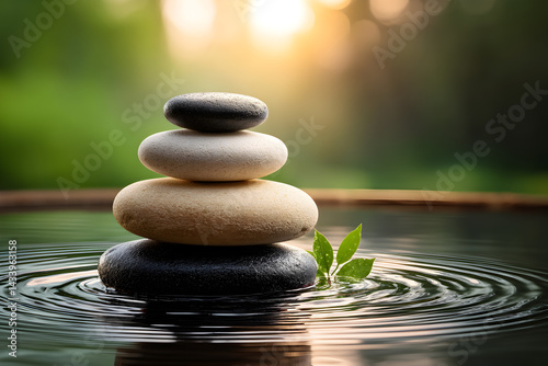 Stacked smooth stones balanced on water surface, tranquil nature setting in soft light, representing peace and harmony.
