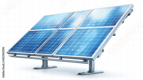 Kątowy układ paneli słonecznych wyświetlający niebieskie ogniwa słoneczne i nowoczesne elementy konstrukcyjne na białym tle