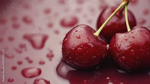 Fresh red cherries with water drops on abstract background. Generative AI