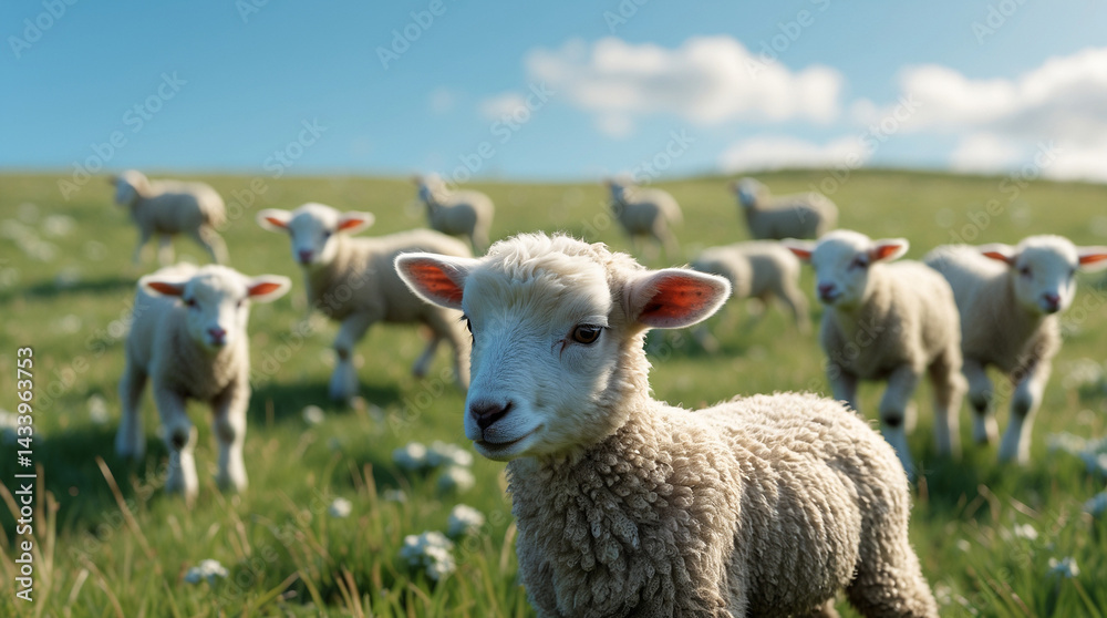 Fototapeta premium Sheep in Meadow: Fluffy lambs frolic in a vibrant meadow, with soft, textured wool and a backdrop of rolling hills beneath a bright blue sky. A perfect depiction of peace and pastoral charm. 