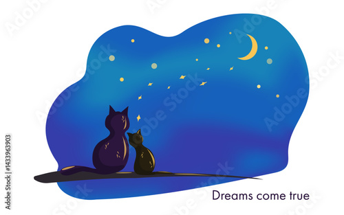 Kittens looking at the night starry sky. Moon sky blue gradient. Vector horizontal background with copy space. Cute drawing of cat looking at the milky way and dreaming. Greeting design
