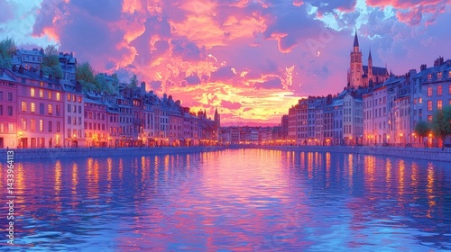 Cityscape River Reflection at Twilight with Beautiful Sunset Sky