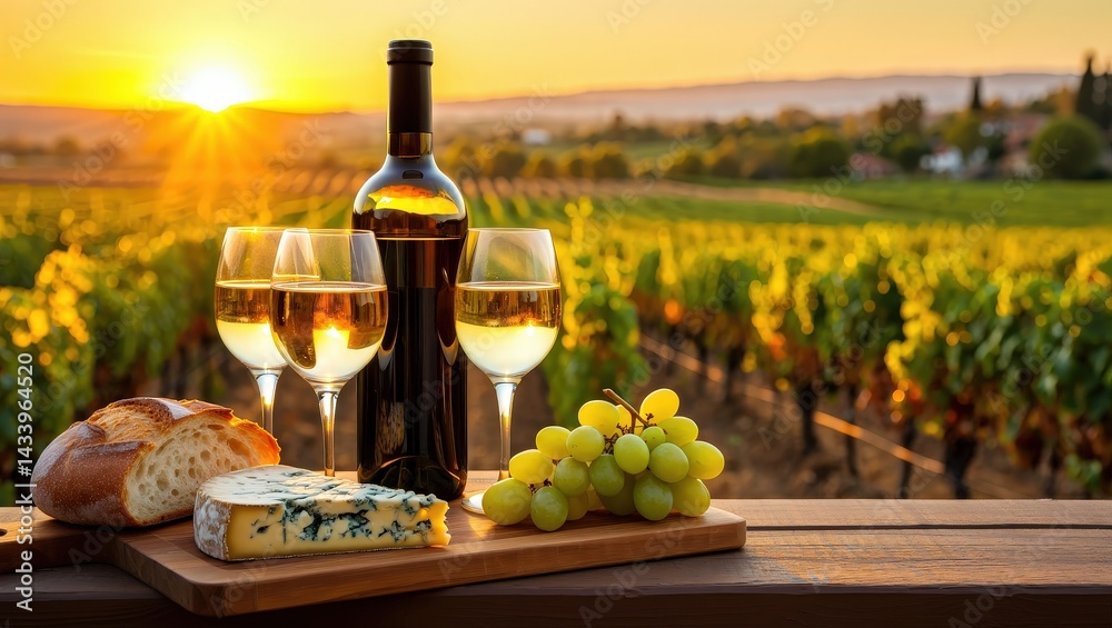 Obraz premium Wine bottle, glasses, bread, cheese, grapes on wooden tray at sunset in vineyard setting.