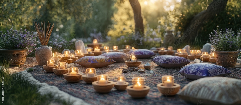 Outdoor evening meditation, candles, pillows, garden