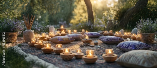 Obraz na płótnie Outdoor evening meditation, candles, pillows, garden w salonie