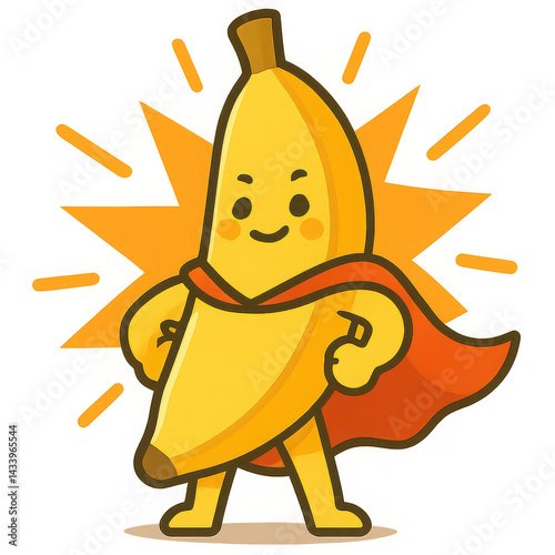 Cartoon banana hero with cape posing
