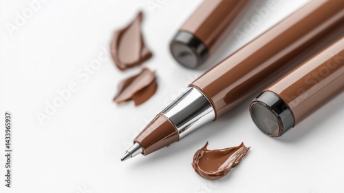 Obraz na płótnie Close-up of brown pens with ink and ink stains on white background. Generative AI w salonie