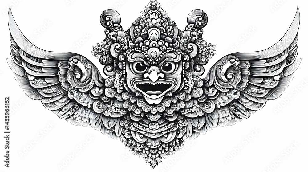 Fototapeta premium Detailed grayscale illustration of a mythical creature with ornate wings.