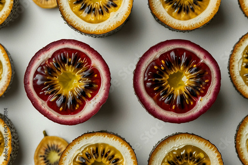 Close-up of sliced exotic passion fruits