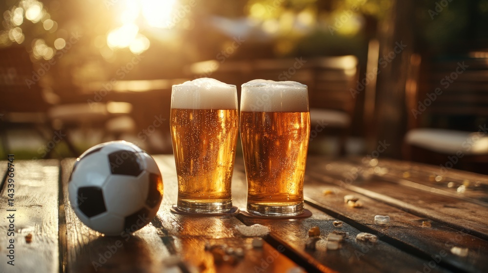 glasses of beer on a table next to soccer balls