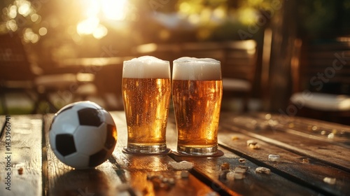 Obraz na płótnie glasses of beer on a table next to soccer balls w salonie