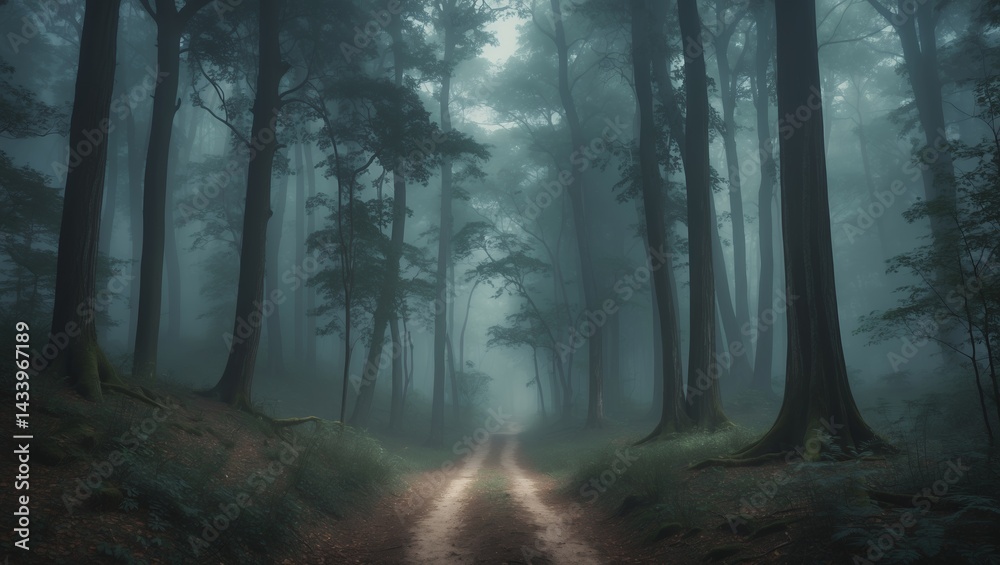 Fototapeta premium Enchanted misty forest trail with cathedral trees