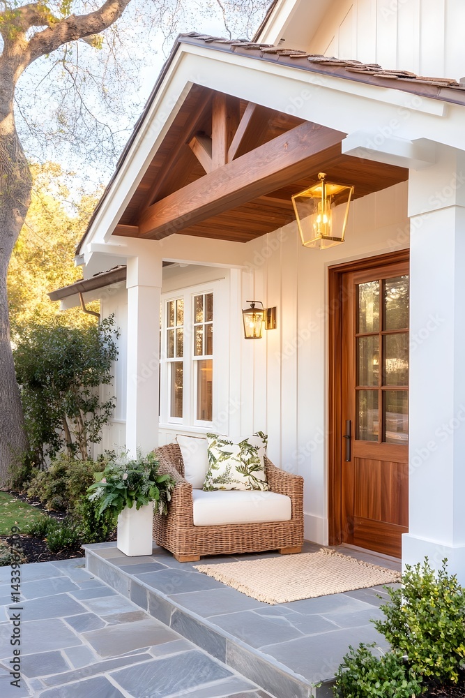 Obraz premium Charming farmhouse porch with white siding, wood accents, a wicker chair, and a natural stone pathway
