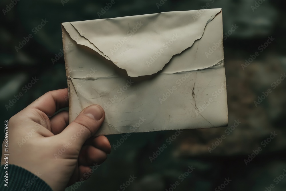 Close up of a hand holding a vintage, weathered, and slightly torn letter, evoking a sense of history and nostalgia against a blurred dark background