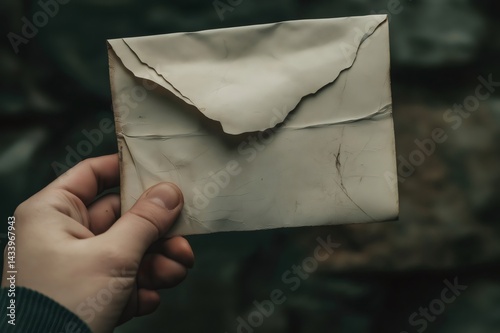 Obraz na płótnie Close up of a hand holding a vintage, weathered, and slightly torn letter, evoking a sense of history and nostalgia against a blurred dark background w salonie