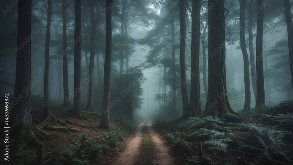 Obraz premium Enchanting misty forest trail through cathedral trees