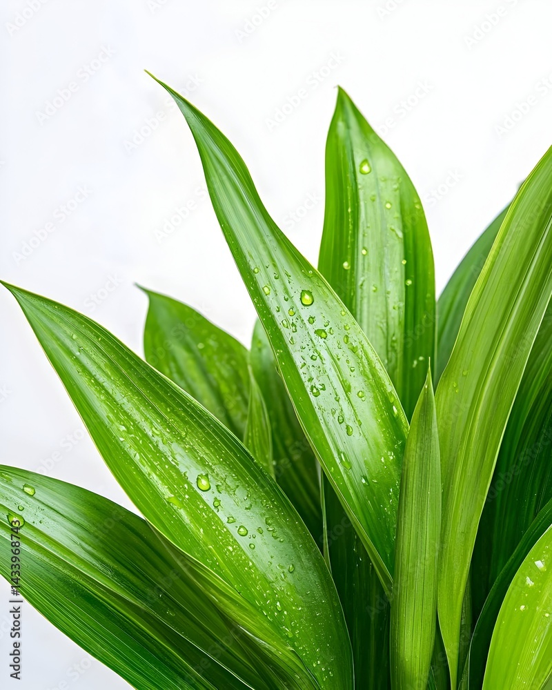Fototapeta premium Lush green leaves with water droplets, vibrant and fresh against a white background
