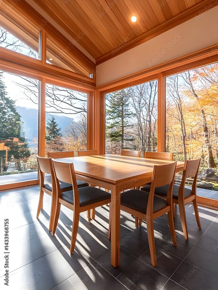 Fototapeta premium Sunlit dining room with large windows showcasing autumnal forest views Wooden table and chairs