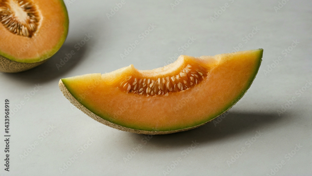 Fresh cantaloupe slice on white surface Fresh cantaloupe slice on white surface