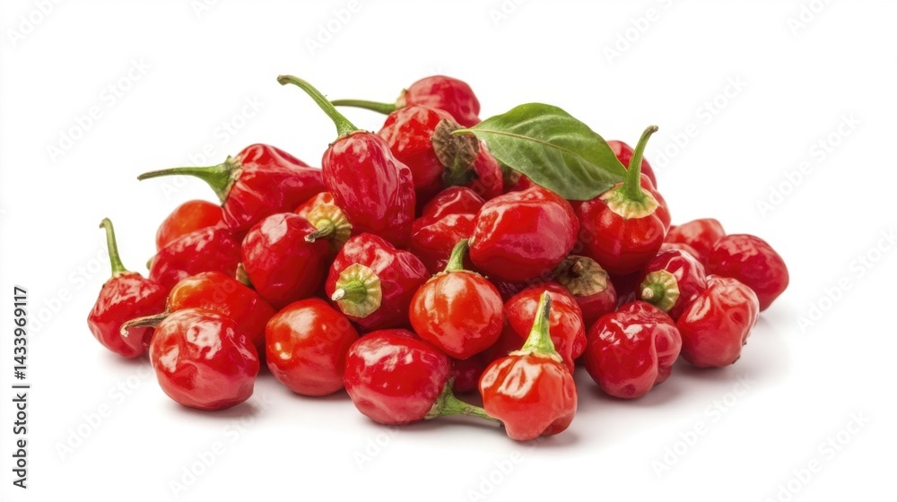 Pile of fresh red chili peppers on a white background. Generative AI