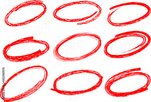 Hand drawn red circle highlight. Red oval hand drawn markers. Brush drawn ellipses, ovals and bubbles to circle and highlight text