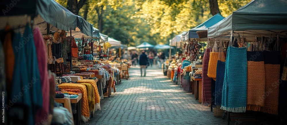 Obraz premium Park artisan market, sunny day, person walking, textile sale