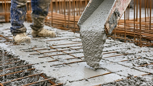 Concrete Pouring on Reinforced Steel Grid