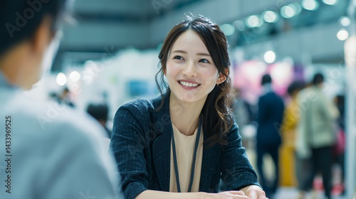 Plakat 商談ブースで相手に微笑む日本人女性営業