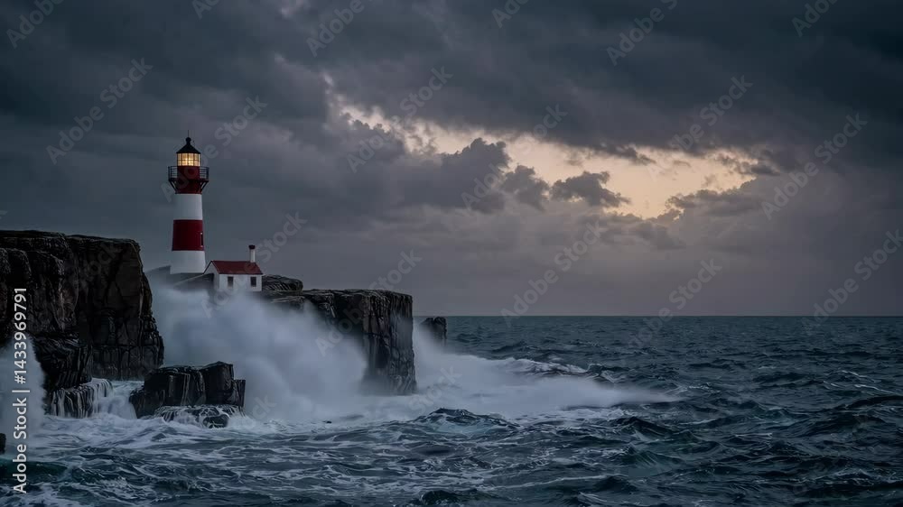 Majestic lighthouse defies stormy seas with towering waves and dramatic sky at dusk Majestic lighthouse defies stormy seas with towering waves and dramatic sky at dusk