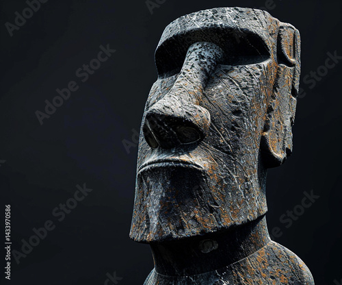 Detailed close-up of a weathered Moai statue from Easter Island, showcasing intricate stone textures and timeless craftsmanship against a dark, minimalist background