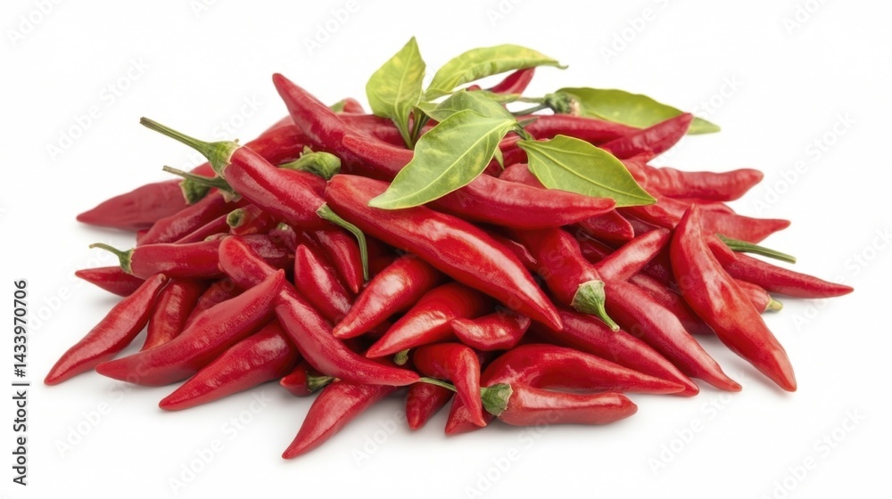 Red hot chili peppers pile with leaves isolated on white background. Generative AI