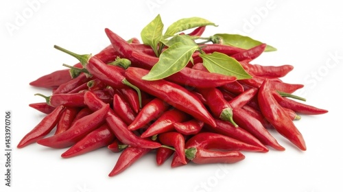 Obraz na płótnie Red hot chili peppers pile with leaves isolated on white background. Generative AI w salonie