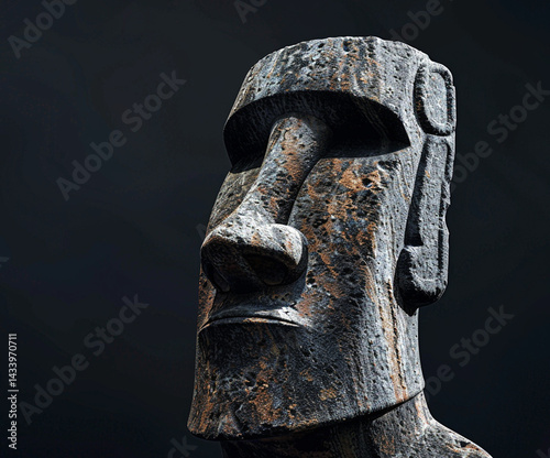 Detailed close-up of a weathered Moai statue from Easter Island, showcasing intricate stone textures and timeless craftsmanship against a dark, minimalist background