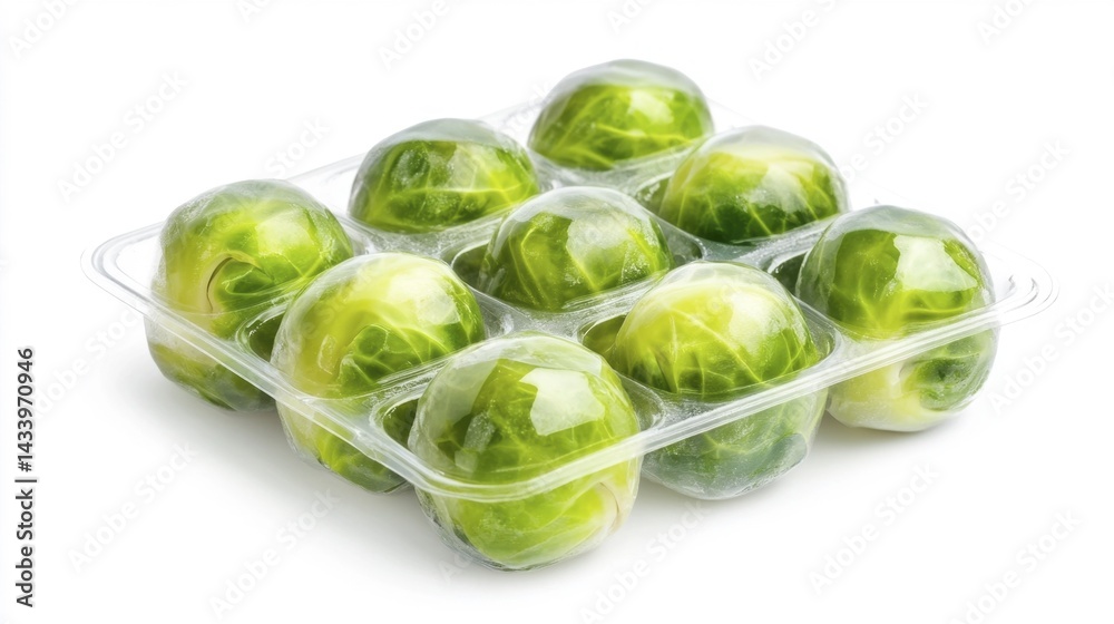 Fresh brussels sprouts in plastic packaging. Generative AI