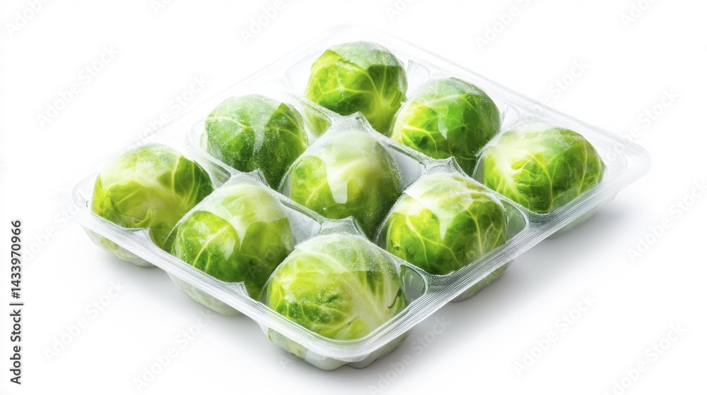 Frozen Brussels Sprouts in Transparent Packaging Isolated on White Background. Generative AI