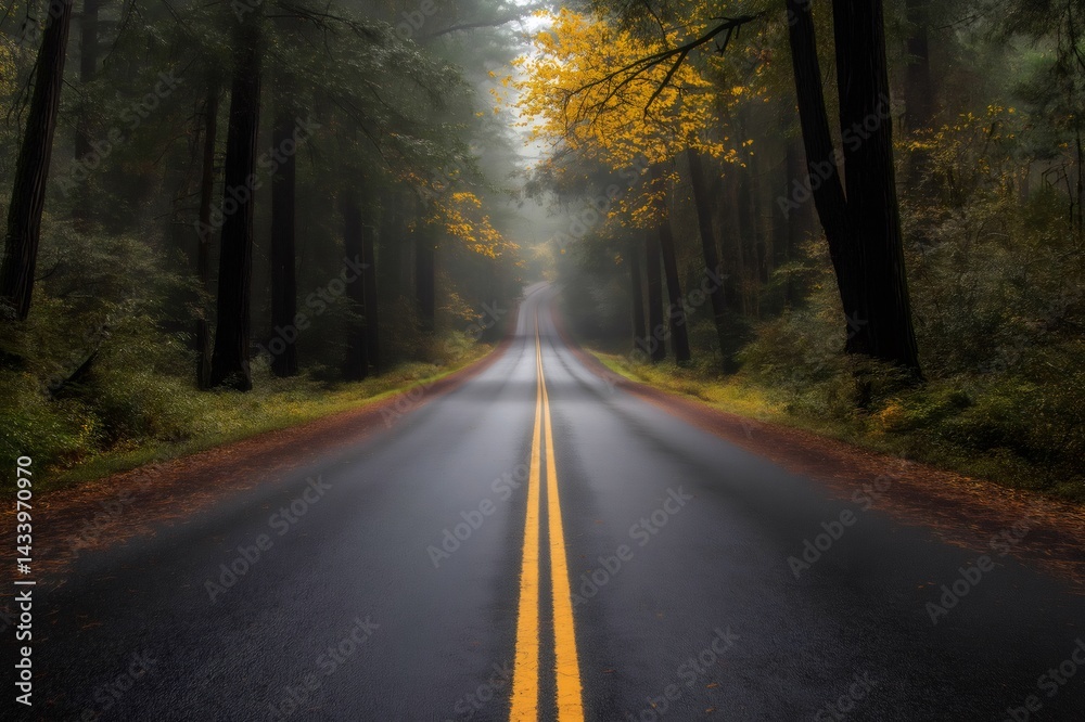 Scenic route winding through majestic Redwood trees during a misty autumn morning, creating a captivating atmosphere